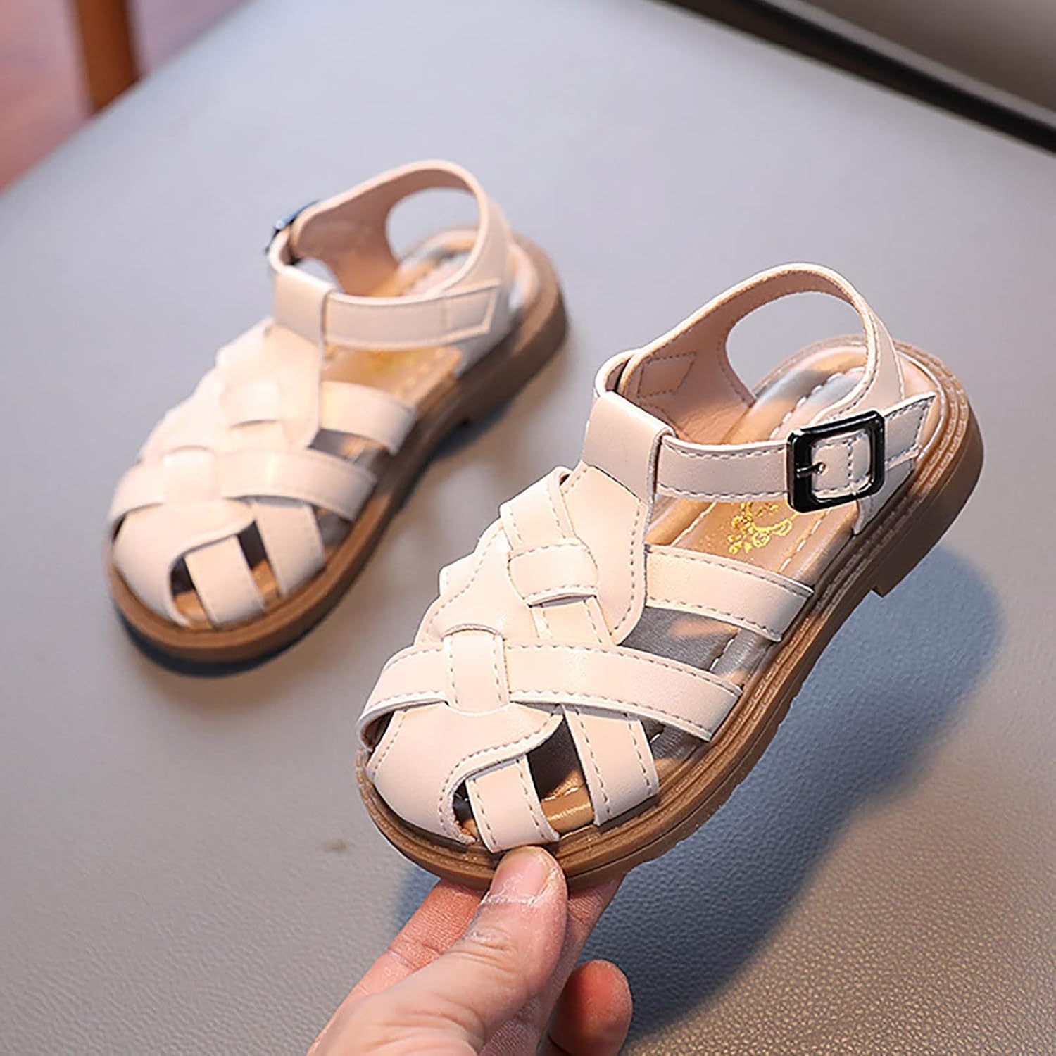 Baby Girls Closed Toe Sandals Squeaky Leather Rubber Sole Non Slip PU Leather Soft Princess Walking Shoes Toddler Comfy Ankle Strap Fashion Sport Sneakers
