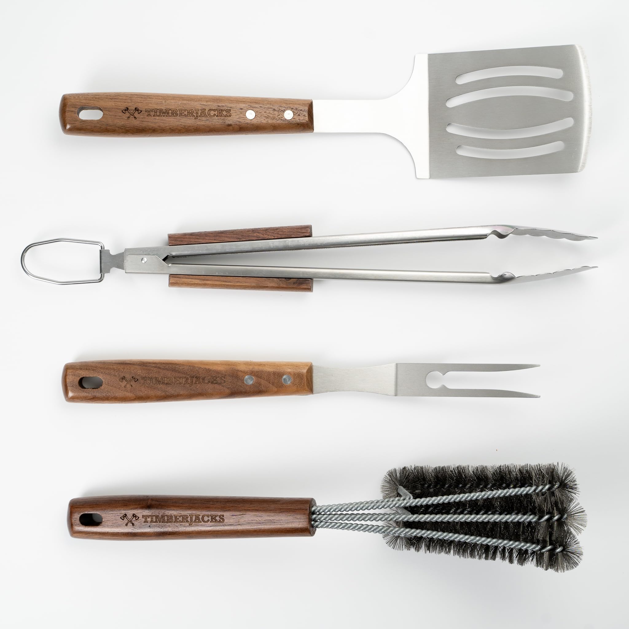 Timberjacks BBQ Grillbesteck-Set, 4-teilig, Edelstahl mit Holzgriff, Grillzange 35 cm, Grillgabel 36 cm, Grillwender 39 cm, Grillbürste 38 cm