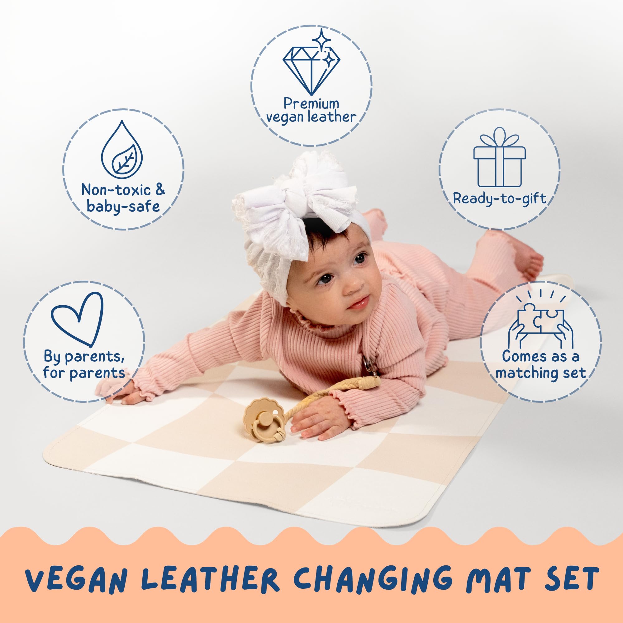 Cambiador de cuero vegano con bolsa húmeda impermeable reutilizable, no tóxico, almohadilla de pañales portátil que se pliega y se limpia (40,6 x 76,2 cm) (a cuadros)