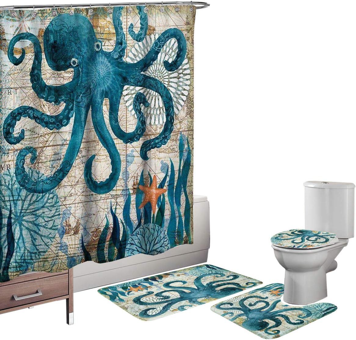 Bearbae Sea World Pattern 4 Piece Bathroom Mat Set Shower Curtain Animal Octopus Print Non Slip Blue Bath Mat Pedestal Rug Lid Toilet Cover Fabric Waterproof Shower Curtain with 12 Hooks