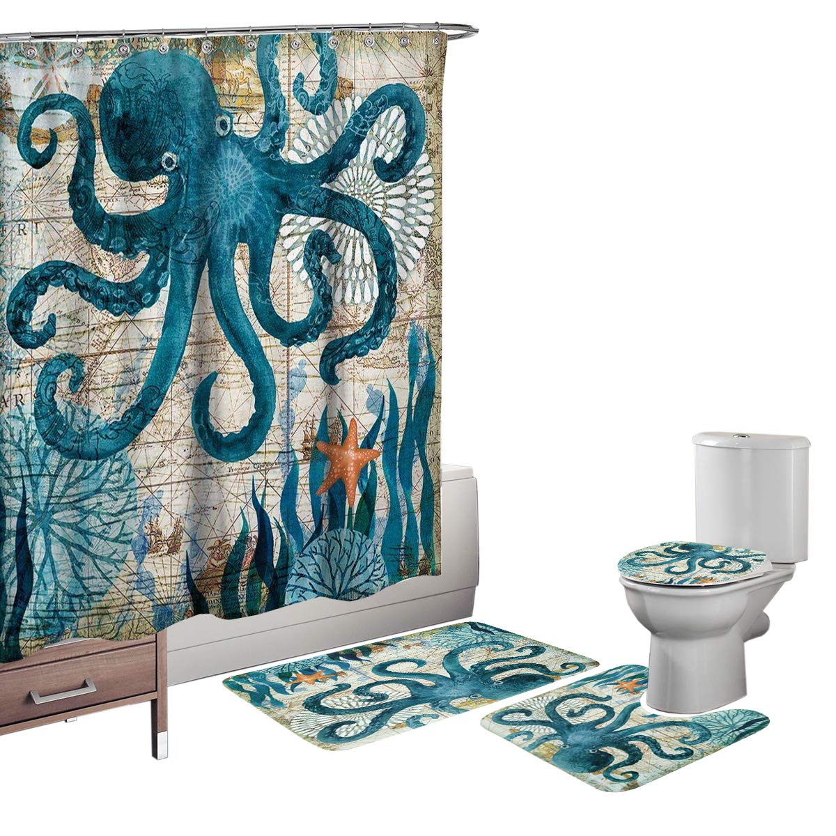 Bearbae Sea World Pattern 4 Piece Bathroom Mat Set Shower Curtain Animal Octopus Print Non Slip Blue Bath Mat Pedestal Rug Lid Toilet Cover Fabric Waterproof Shower Curtain with 12 Hooks