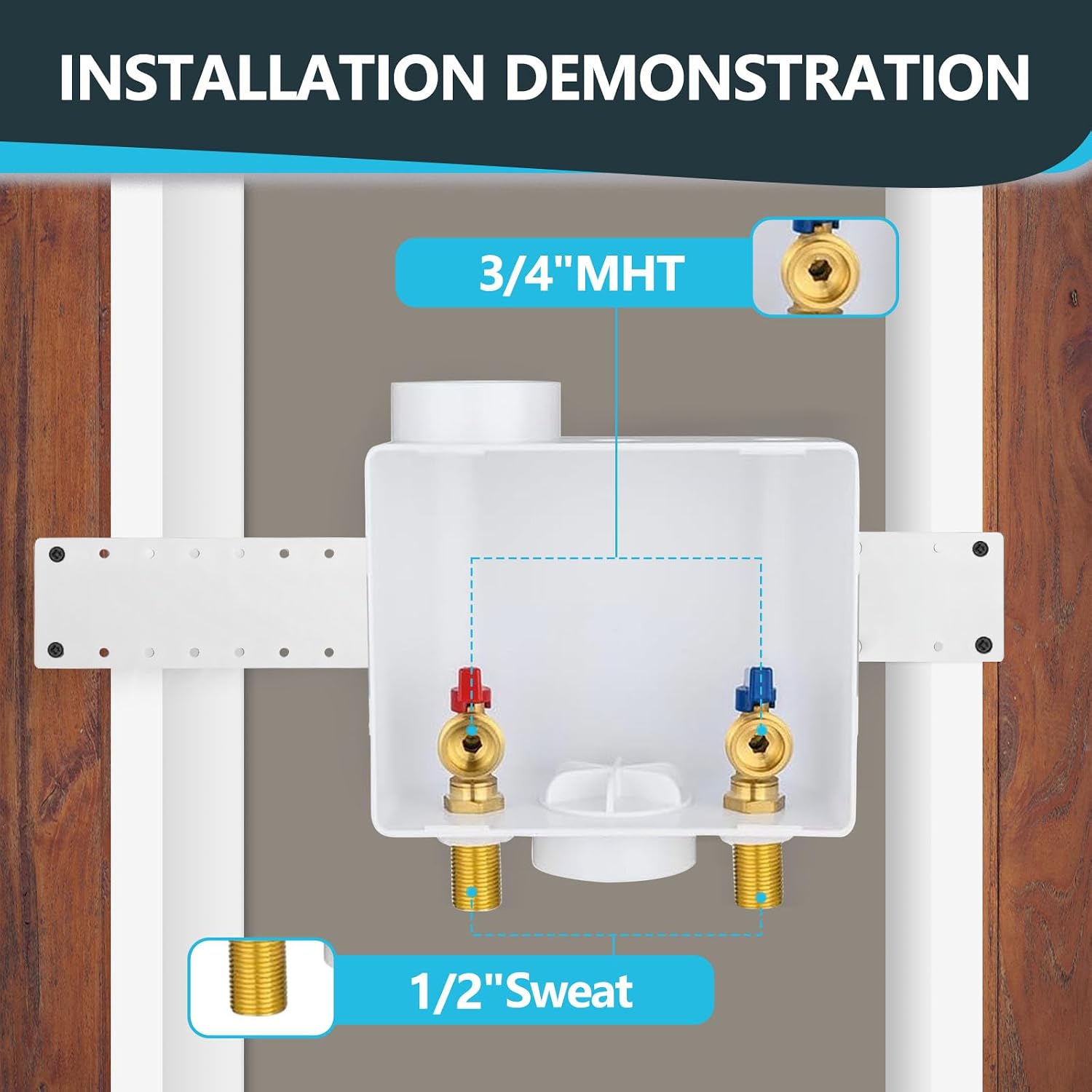 Washing Machine Outlet Box, Center Drain/Side Drain, 1/2 Inch MIP Sweat Inlet x 3/4 Inch MHT Outlet Connection, Laundry Washer Valve Outlet Box(WM001)