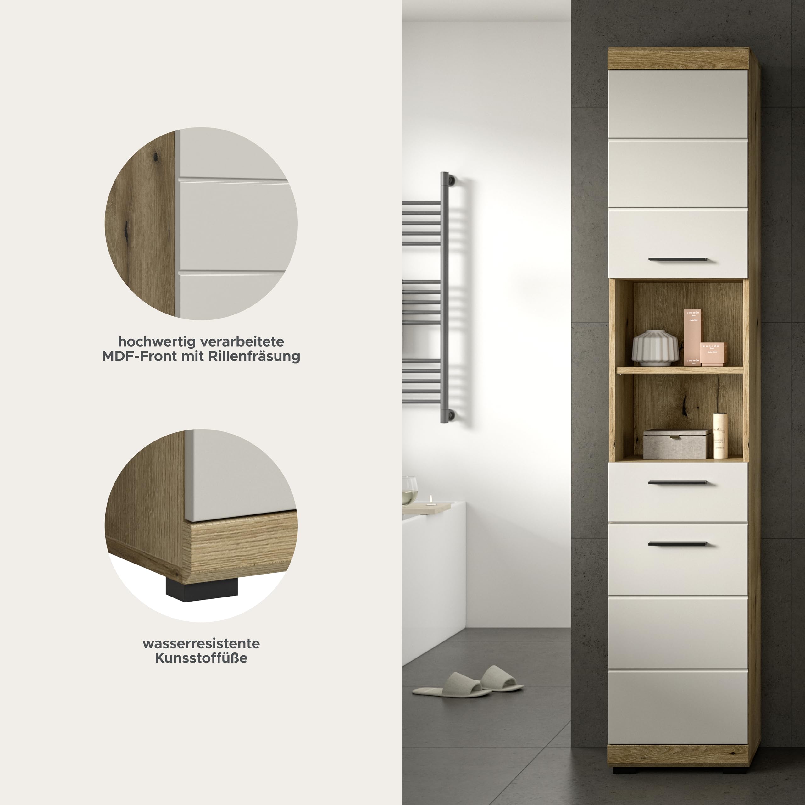 xonox.home – Hochschrank Scout 37x191x31 cm in Evoak Oak und Kaschmir Nachbildung matt – Schmaler Bad-Hochschrank mit viel Stauraum – modern – Bild 8
