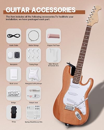 Vista 14 de Leo Jaymz - Juego para armar tú mismo tu guitarra eléctrica, cuerpo de caoba, mástil de arce, diapasón de ébano, incluye todos los componentes (BC)