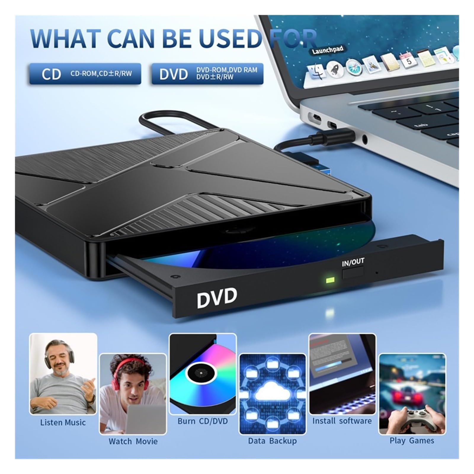 Unità Ottica Esterna USB, Masterizzatore Dvd For Laptop, Lettore Di Dischi, Unità Ottica, Cd Portatile(Style 2)