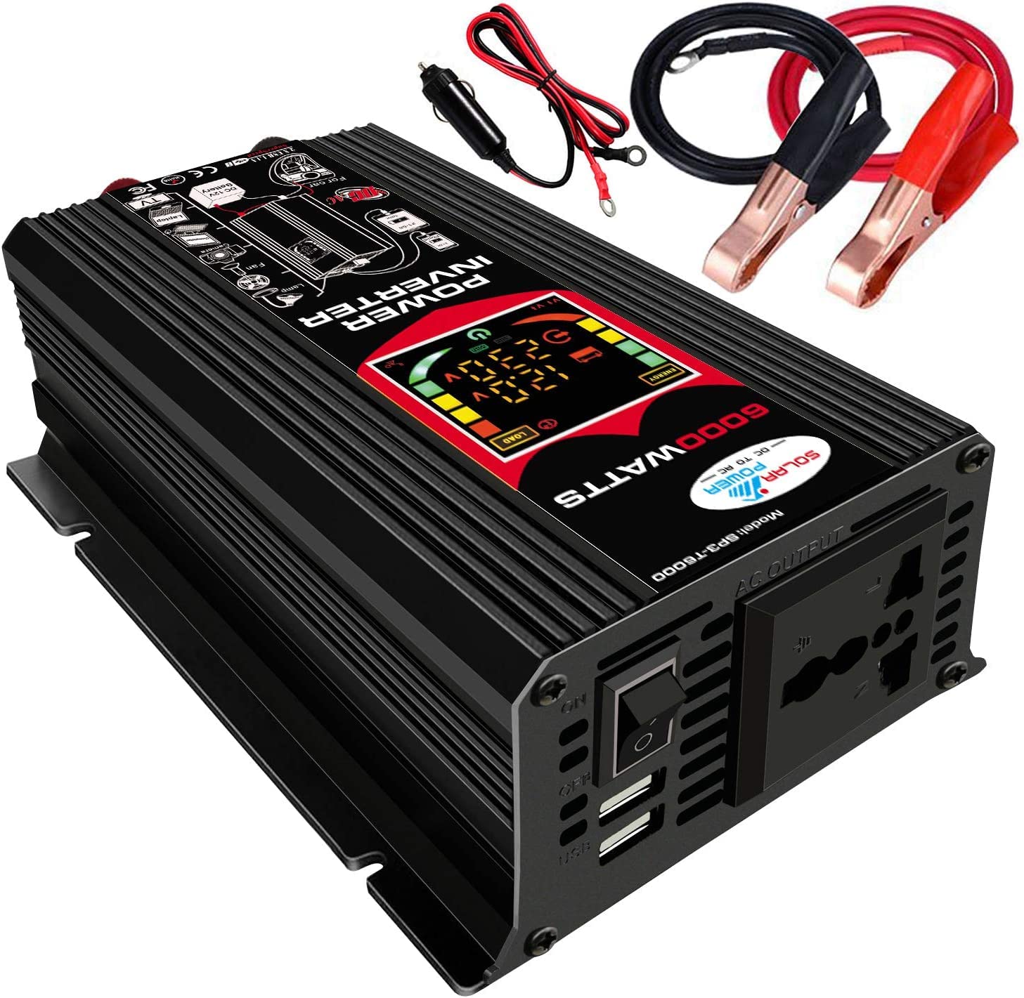 HYMCX 6000W on-board power inverter, sine wave inverter LED display, rated power inverter DC 12V to AC 220V converter high-frequency on-board power inverter, with two USB ports (Black)