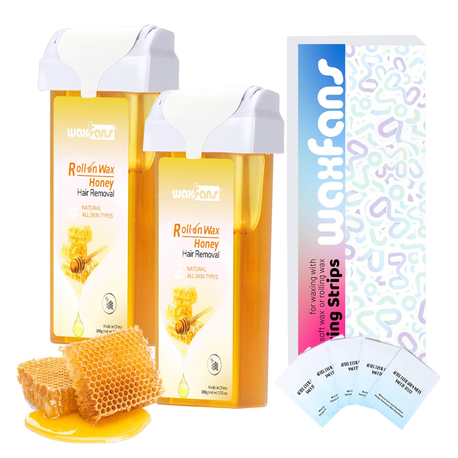 Waxfans Roll On Wax Refill,Wax Roller Refill for Hair Removal,Quick Melting - For Coarse and Fine Hairs.with 2 Honey Waxing Rollers, 50 Waxing Strips(Honey)