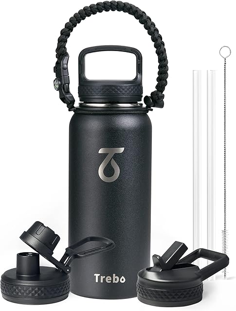 Insulated Water Bottle 1L, Trebo Metal Bottle with Paracord Handle Wide Mouth Double Wall Stainless Steel Large Sports Bottle Keep Cold 48 Hours Water Bottle with 3 Lids, Black