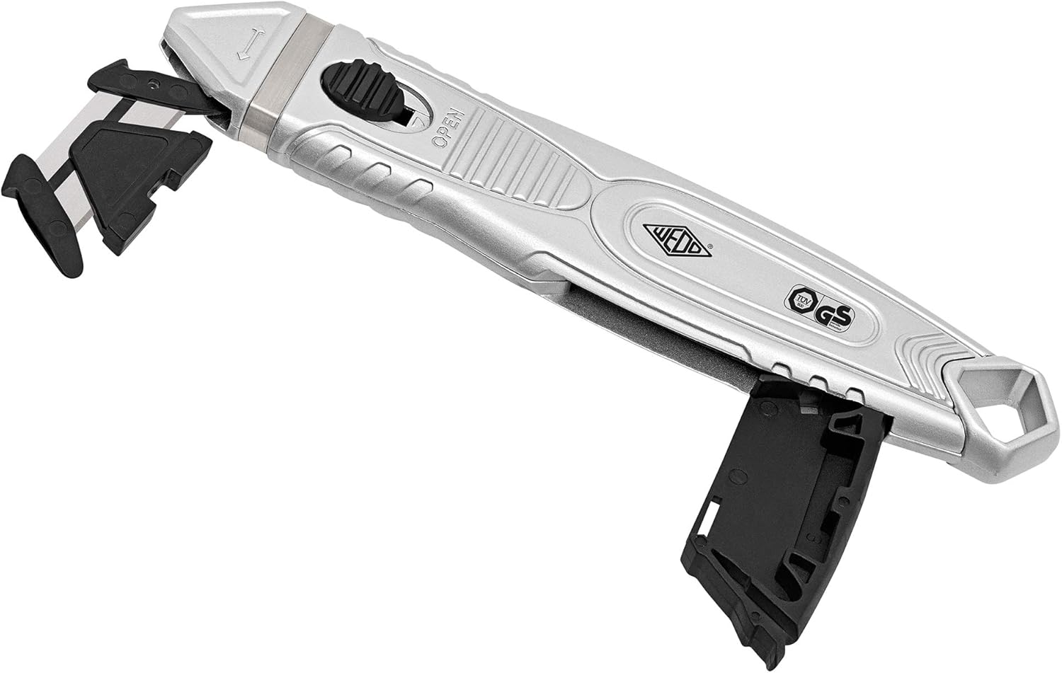 WEDO 78865 safety knife made of aluminium, concealed blade for protection, with plastic scorer, for all common cutting materials, ergonomic, also for left-handed users, TÜV/GS certified