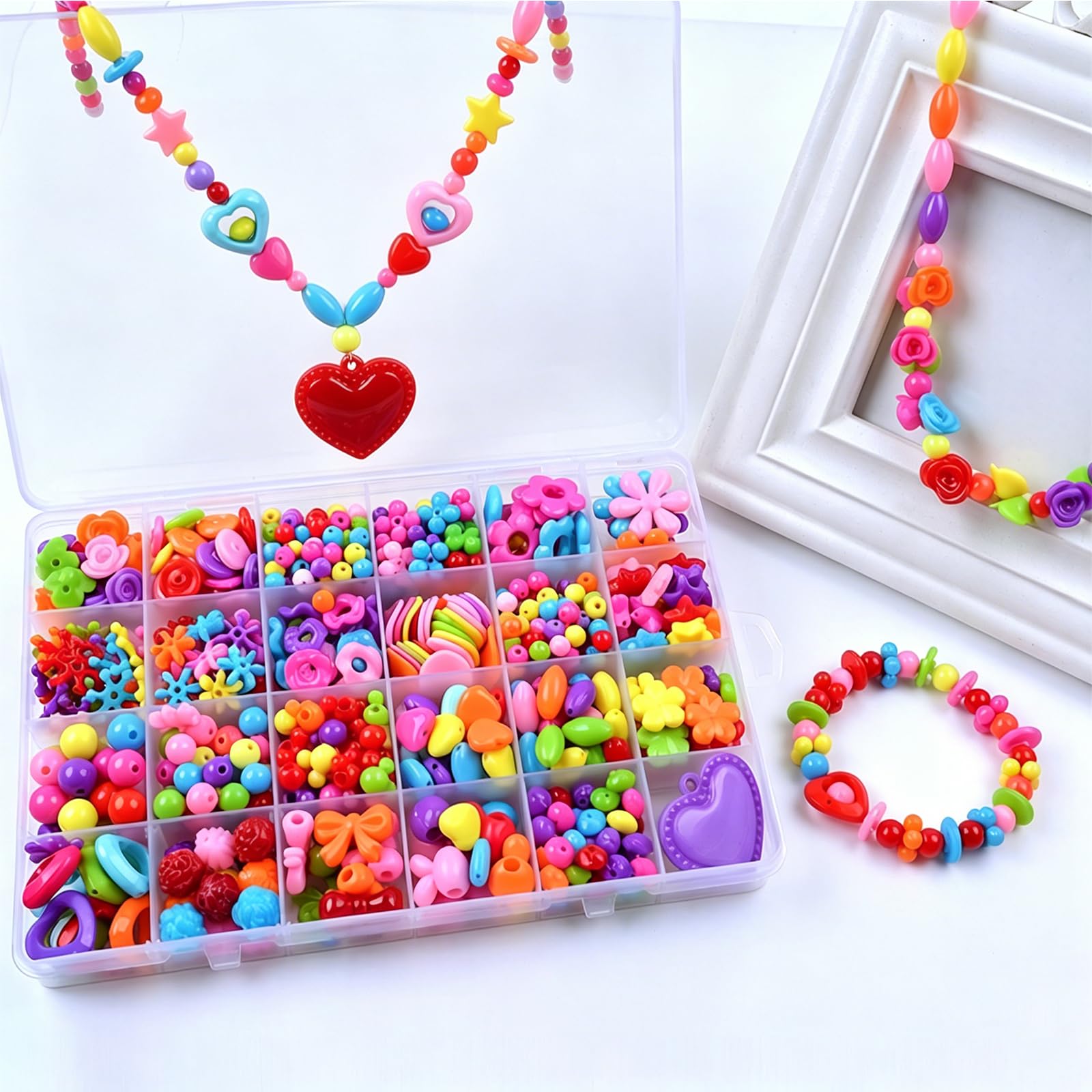 SKYPRO DIY Beaded Jewelry Making Kit, Acrylic Loose Beads & Spacer Beads, Handmade Bracelet Necklace Making Set with 24-Compartment Storage Box（Type3 500Pcs）