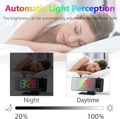 Vista 15 de Reloj despertador de proyección para techo de dormitorio, proyector giratorio de 180°, espejo de 7.4 pulgadas, pantalla LED digital RGB de 12/24