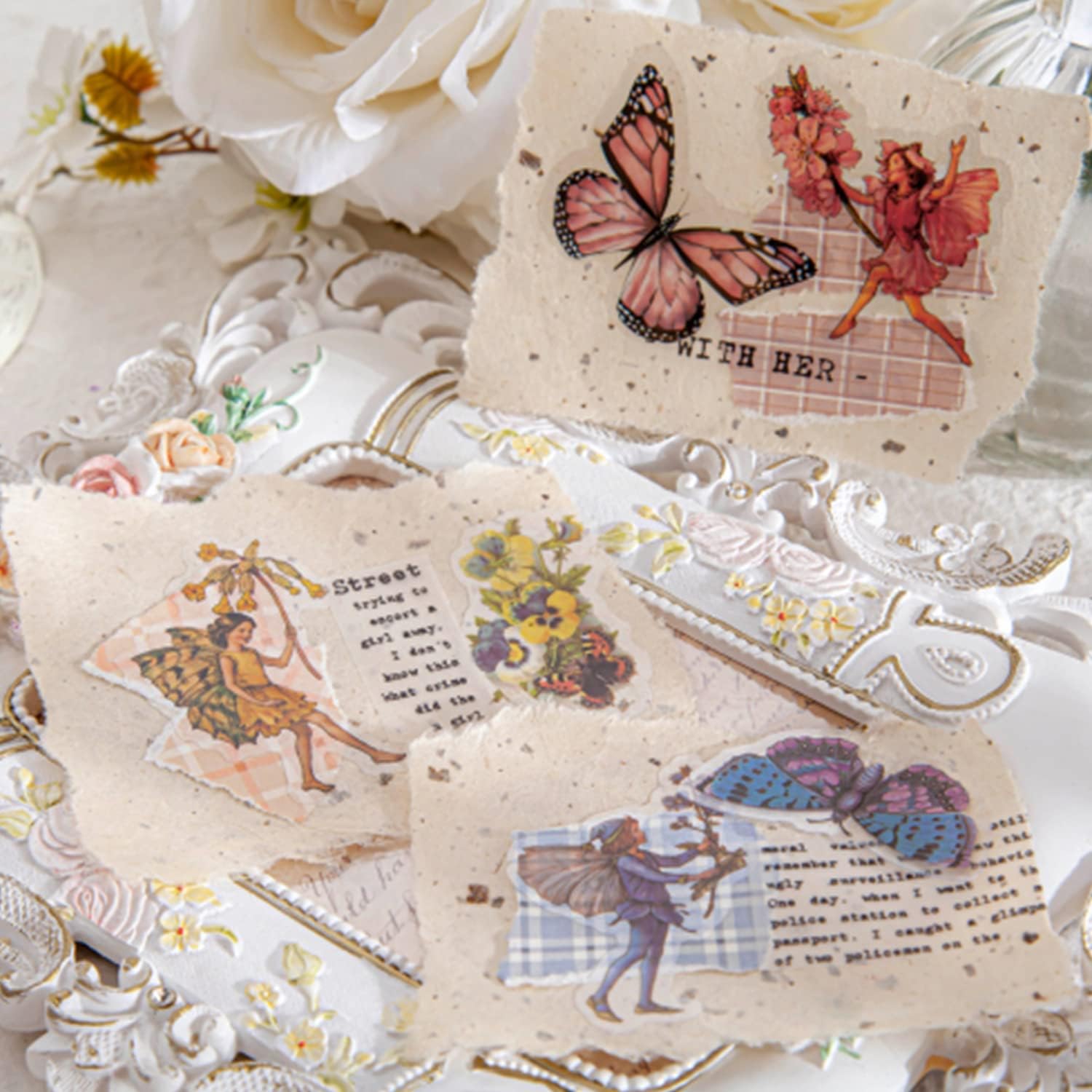 Vintage Fairy Stickers 4 Boxes 180 Pcs Transparent Floral Butterfly Journal Scrapbooking Supplies for Junk Journaling Cottagecore Rub On Transfers Crafts (NO.2)