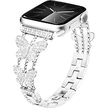 Butterfly Band Compatible with Apple Watch Band 40mm 41mm 42mmS10/11 38mm iWatch SE Series 11 10 9 8 7 6 5 4 3, Thin Cute Metal Bands for Women, Fancy Bling Slim Diamond Dressy Strap-Silver