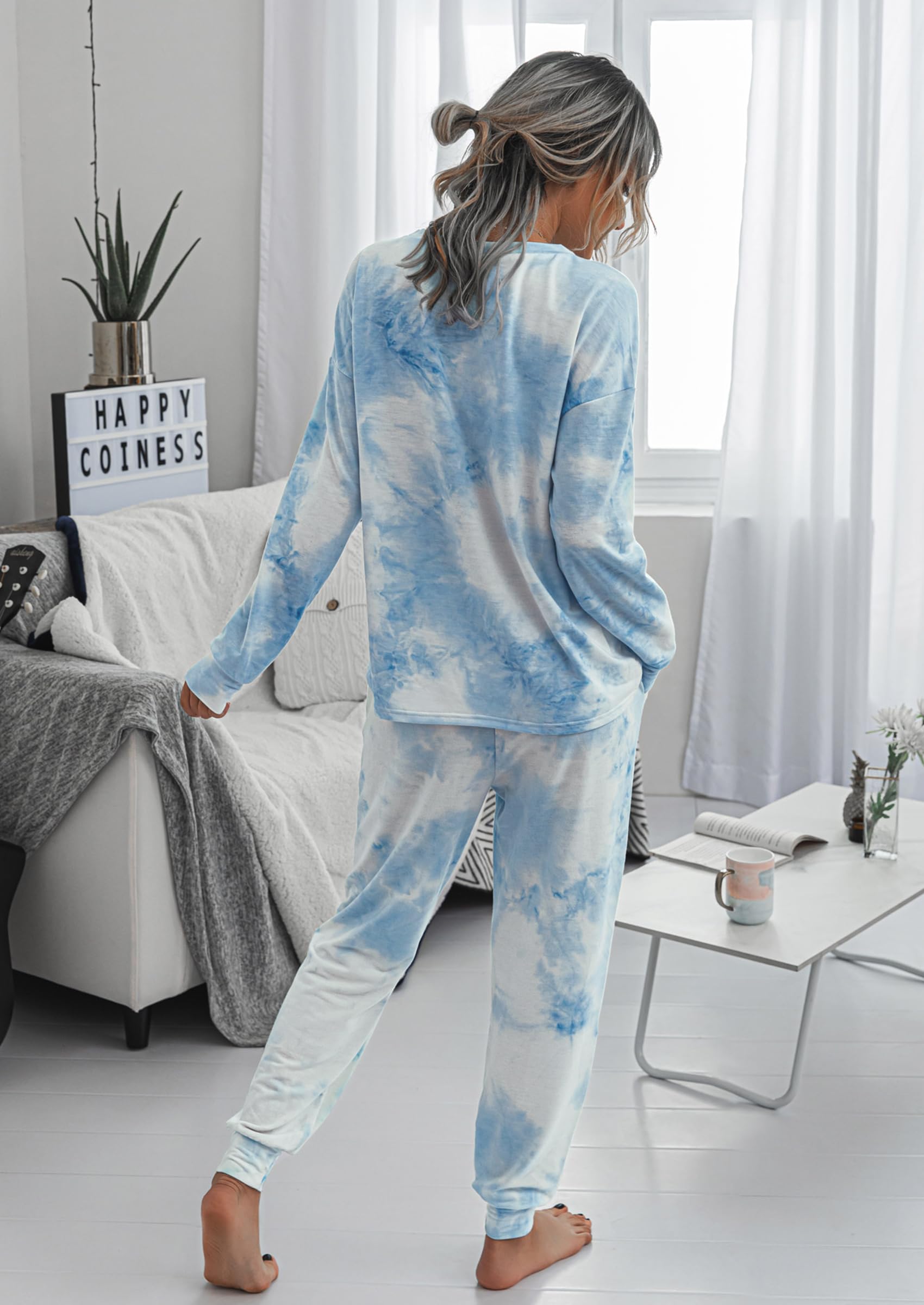 PRETTYGARDEN Women's Two Piece Loungewear Fall Casual Long Sleeve Tops Jogger Pants Pajama Sets Matching Outfits Clothing: Blue X-Large
