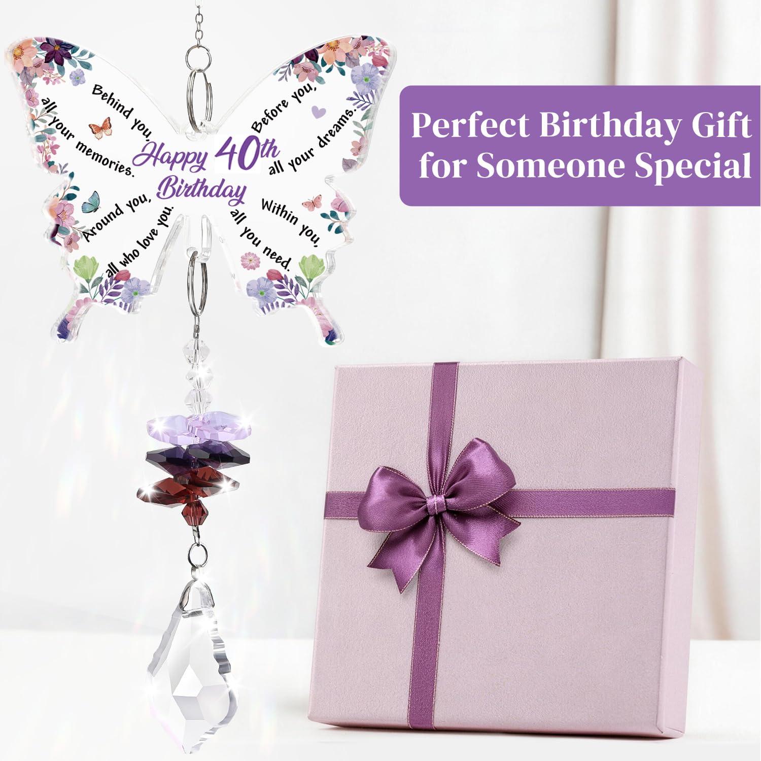 Funnli 40th Birthday Gifts for Women, 40th Birthday Decorations for Woman Crystal Suncatcher, 40 Year Old Bday Gift for Friends Sister Mom Grandma Window Hangings Home Decoration