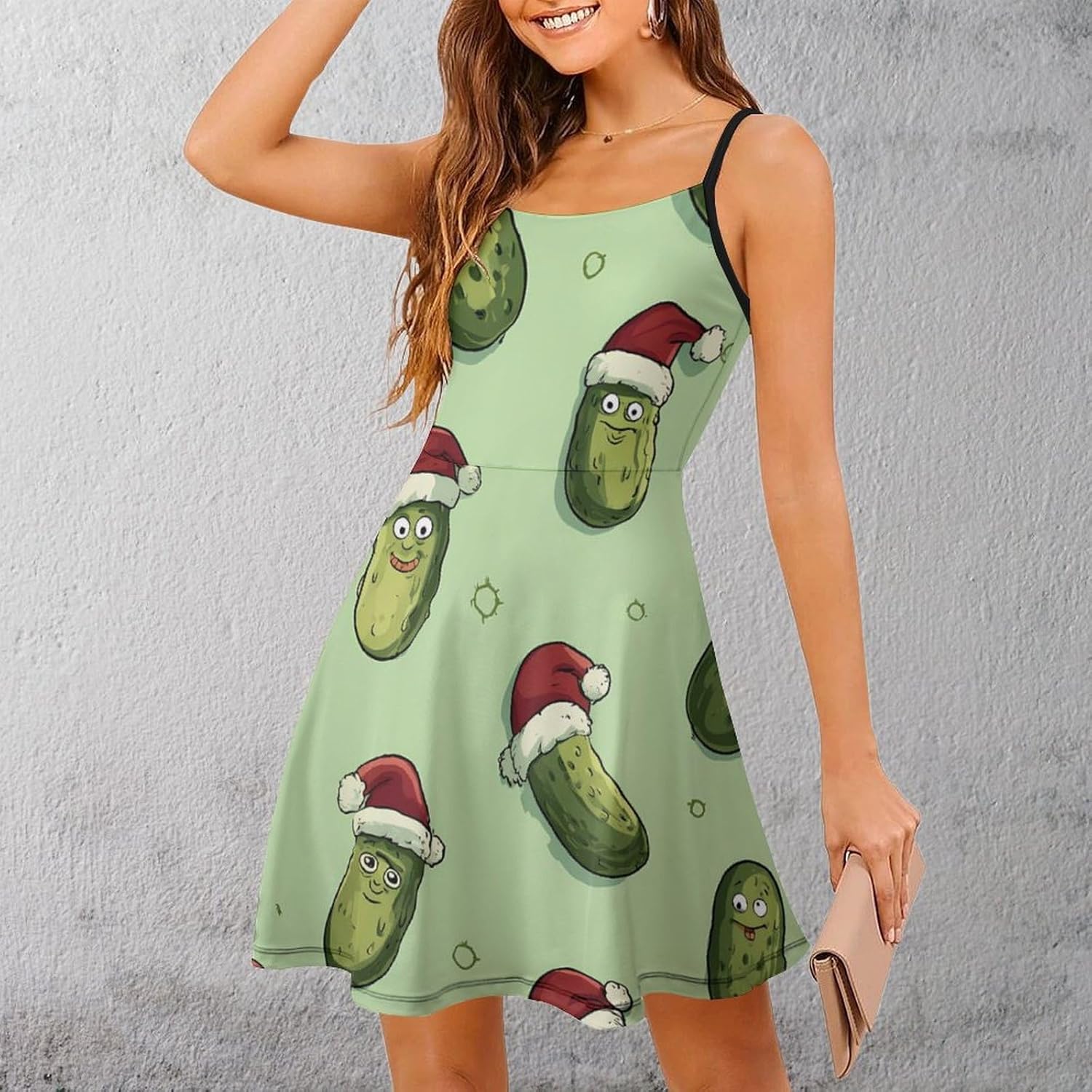 Christmas Pickles Short Cami Dress for Women Adjustable Spaghetti Strap Flowy Sundress Beach Vacation