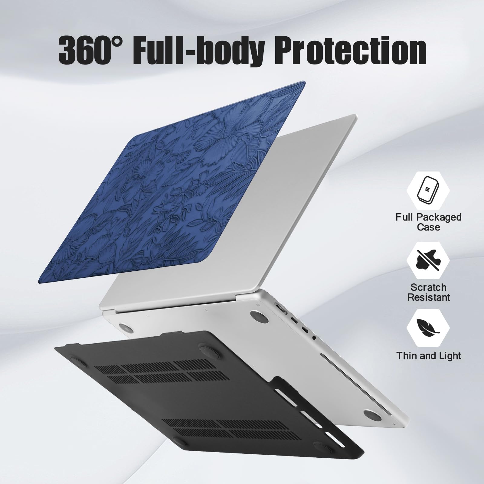 Étui découpé avec logo floral pour MacBook Neo 33 cm 2026 A3404 A18 Pro Chip | Coque rigide élégante texturée en cuir synthétique pour MacBook Neo 2026 avec housse de clavier, bleu