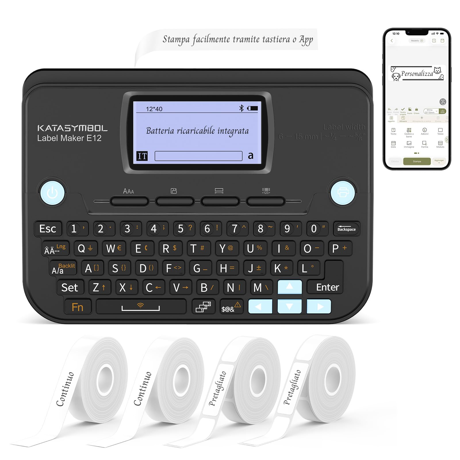 SUPVAN E12 - Etichettatrice con 4 nastri, compatibile con tastiera e app, schermo retroilluminato, margini ridotti, ricarica USB-C, senza inchiostro, ideale per casa, cucina, ufficio, scuola, nero
