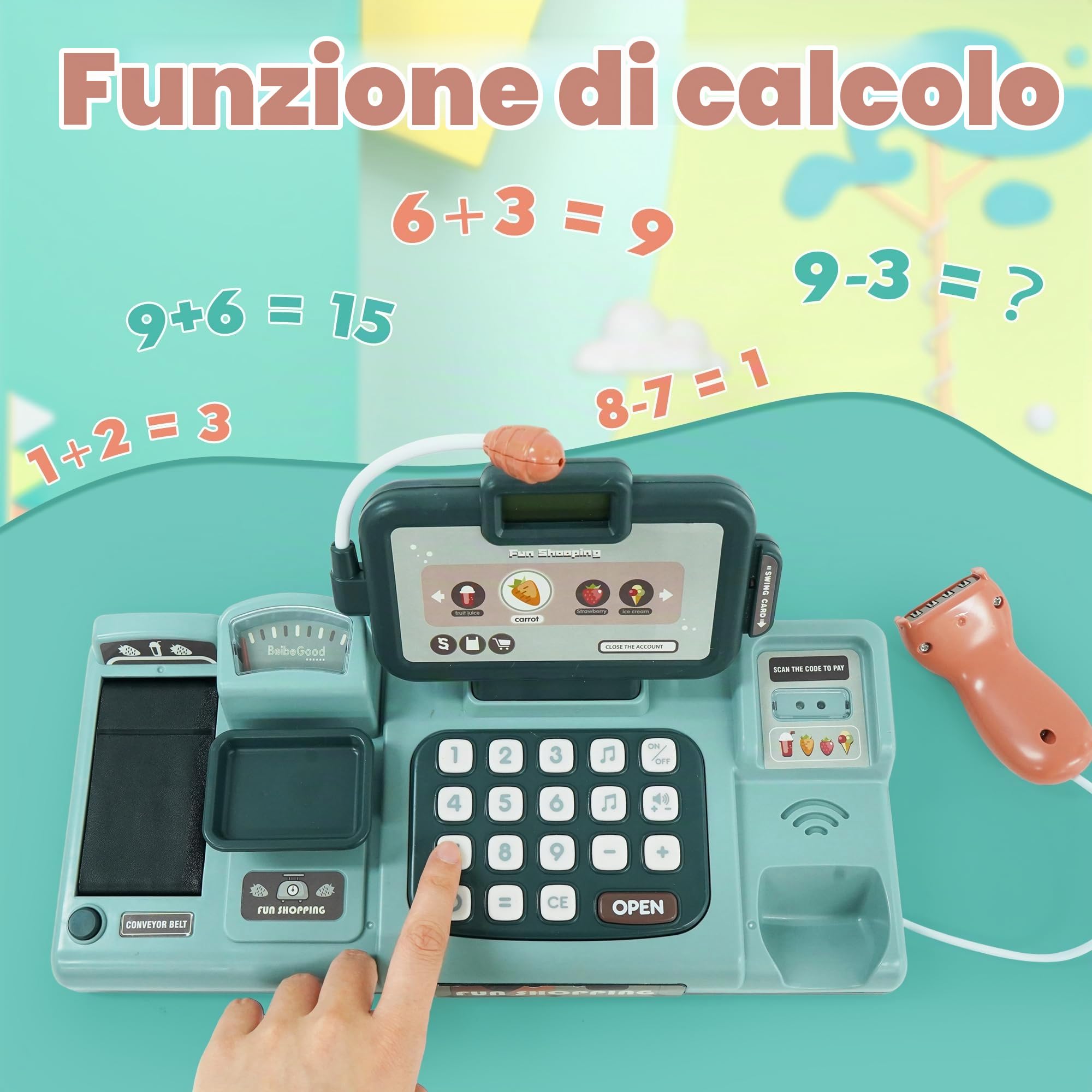 Registratore di Cassa Elettronico Supermercato Giocattolo con Suono, Cibo, Cestino della Spesa Bambina 3 Anni, Supermercato Giocattolo per Bambini con Scanner Microfono