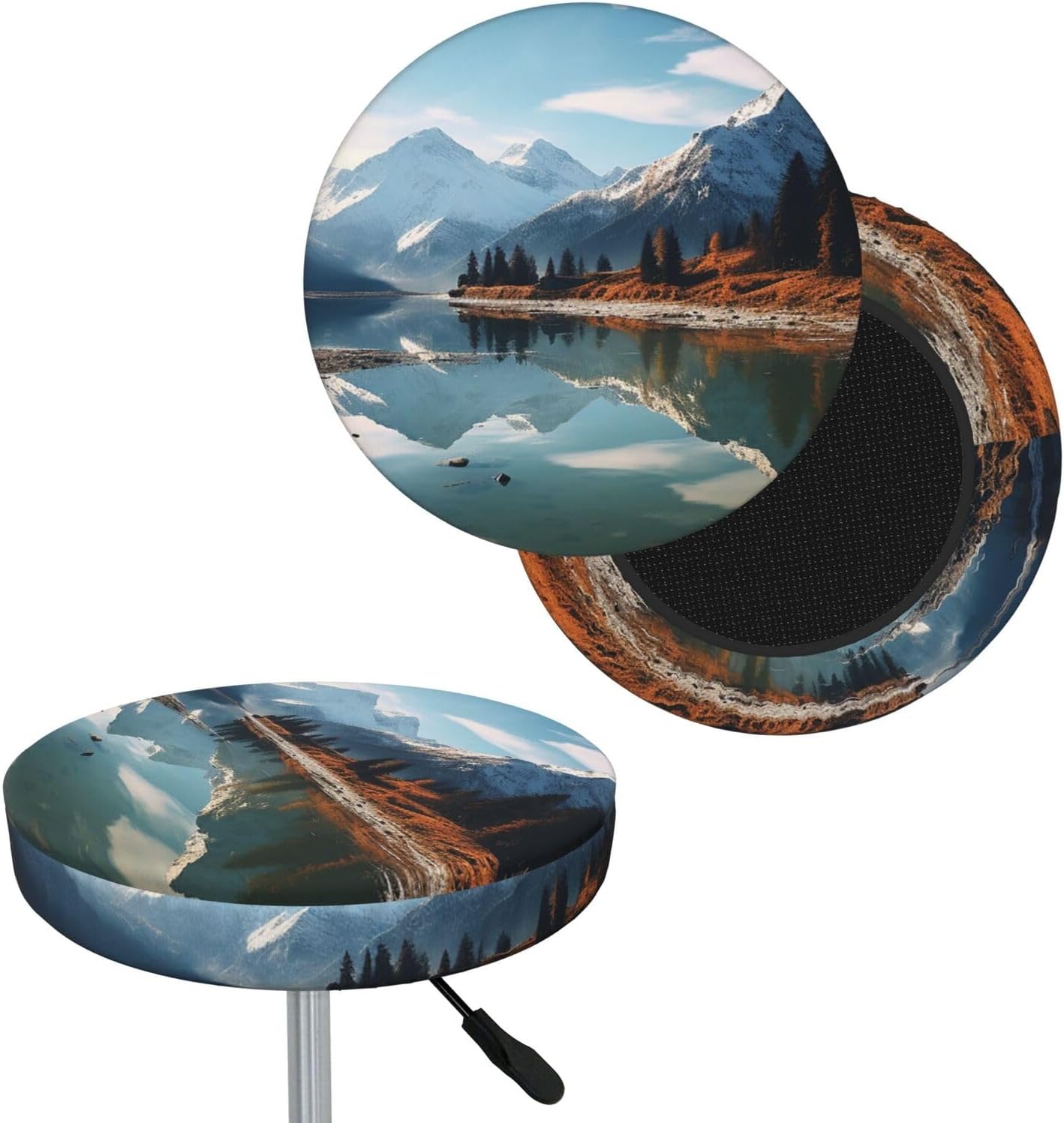 Bar Stool Cover Round Elastic Stool Cushion Covers Mountains Surround The Lake Bar Chair Cover Washable Stool Cushion Slipcover Stretch Stool Seat Covers for 12-14 Inch Chair