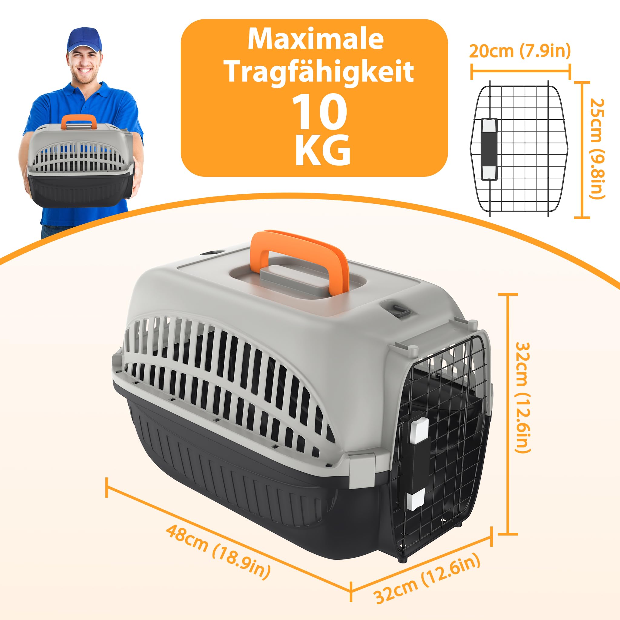 YUENFONG Transportbox Katzen 61x37x37cm Katzentransportbox für kleine Hunde, Tiertransporter aus ABS & PP Kunststoff Material, mit Metalltür & Napf, Grau und Schwarz