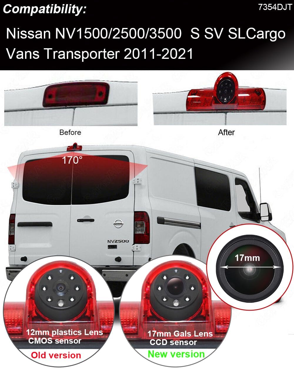 1280 * 720 Pixel Third Roof Brake Lamp Car Backup Camera Replacement for Nissan NV1500/2500/3500 S SV SL Cargo Vans Transporter 2011-2021 Waterproof Night Vision Reverse Parking+7" inch Mirror