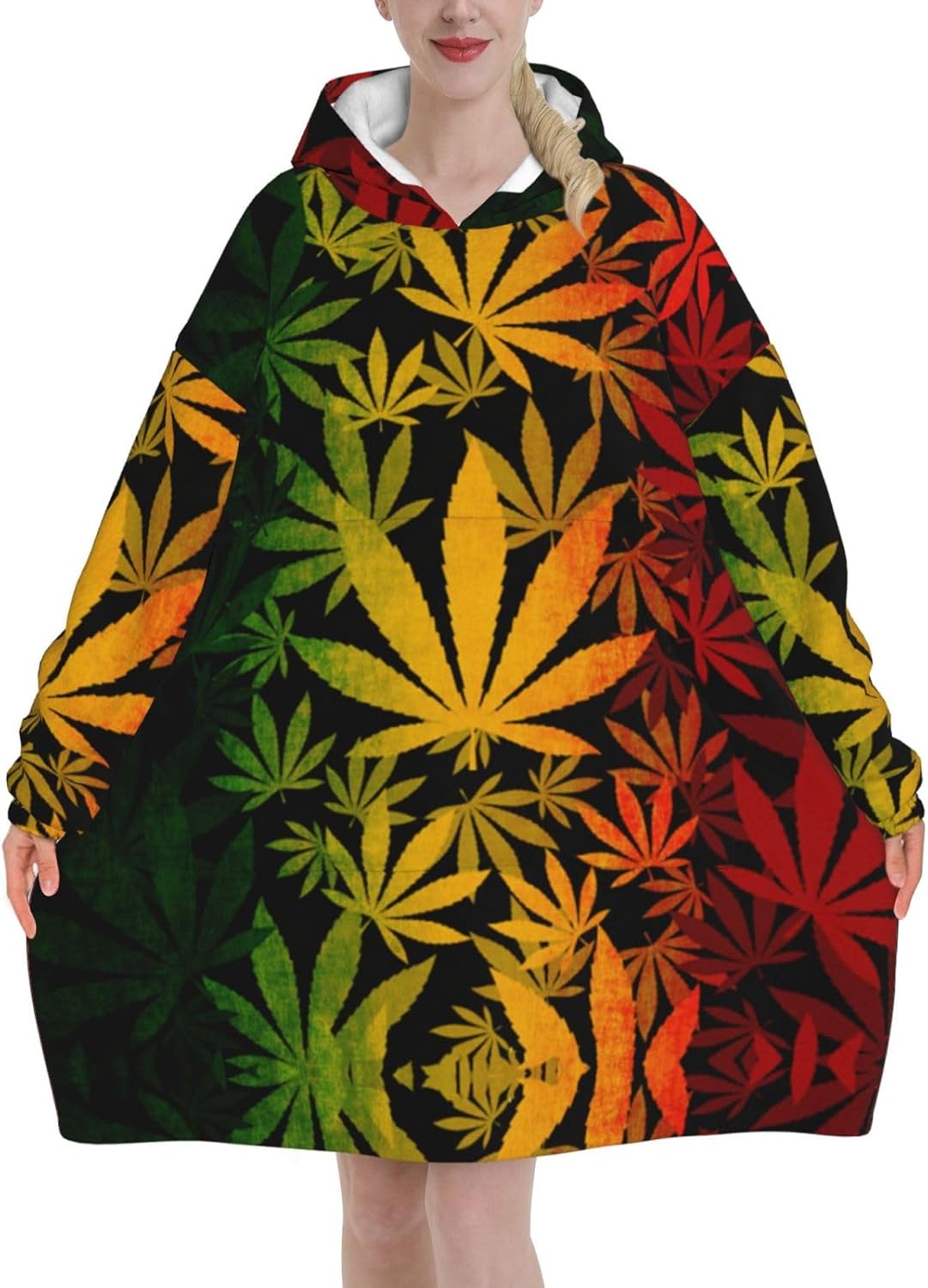 Oversized Flannel Wearable Blanket Hoodie For Adult Rasta-Canabis-Weed-Leaf Soft Fuzzy Hooded Lounging Pullover