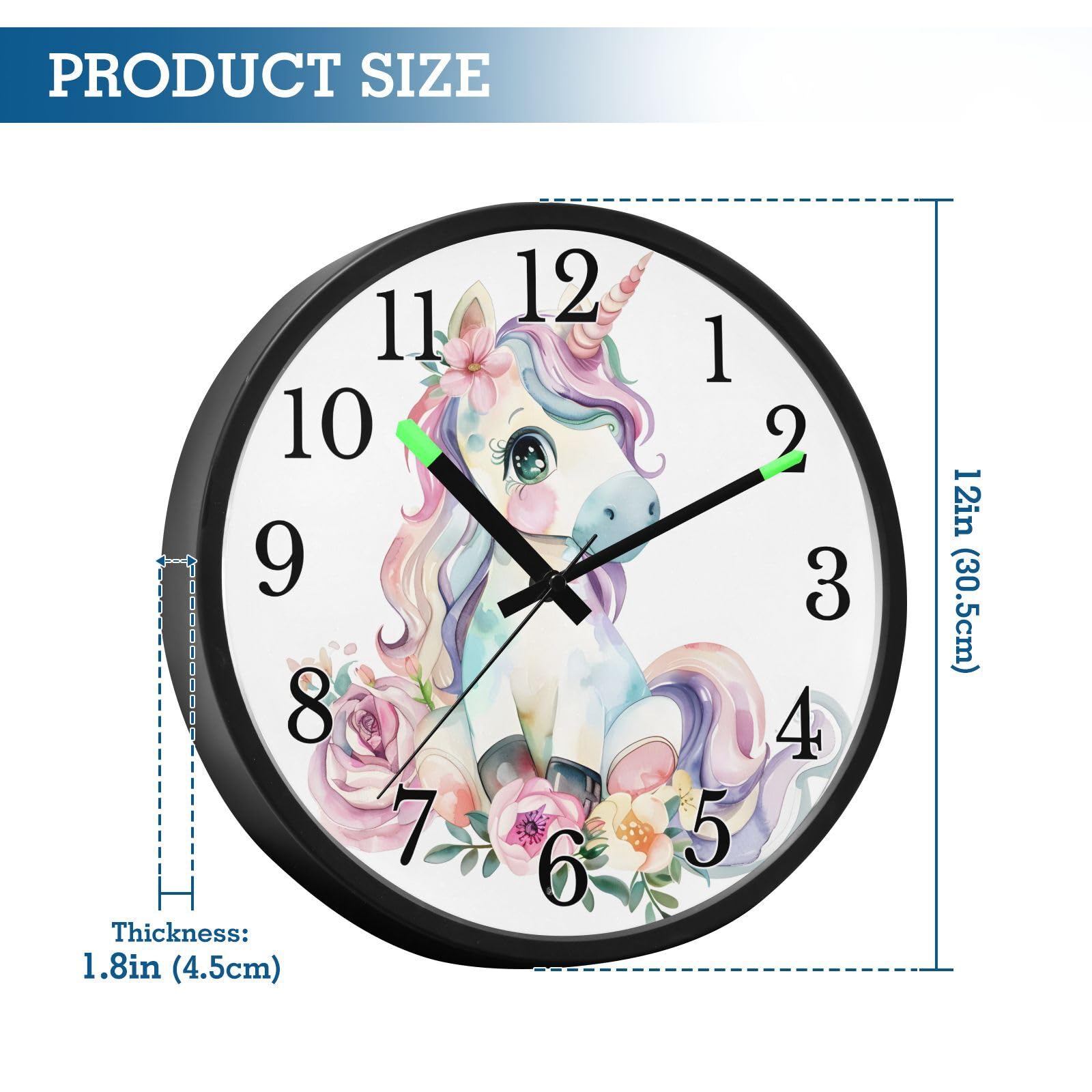Mnsruu Reloj de pared luminoso con diseño de unicornio y flores de caballo blanco, funciona con pilas, reloj silencioso que brilla en la oscuridad, para sala de estar, cocina, 30,5 cm
