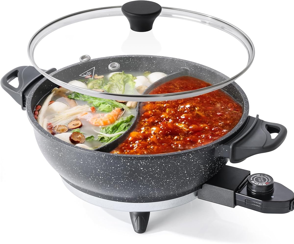 TWIN™ Electric Hot Pot with Divider | EvenHeat Cast Aluminum Non-Stick Pot for No-Spot Cooking | 1500W Fast Heating | Dual-Flavor Shabu Shabu Pot for Family Use | 1-Yr Warranty