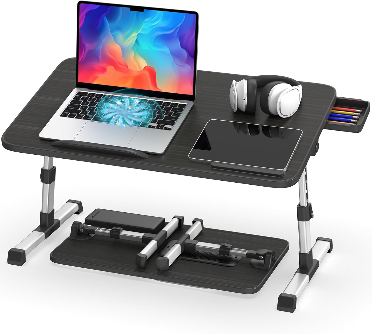 Slendor Laptop Desk Adjustable Laptop Stand Foldable Bed Table Portable Lap Desk Folding Notebook Stand Reading and Writing Holder Breakfast Tray with Drawer and Cooling Fan for Bed Couch Sofa Floor