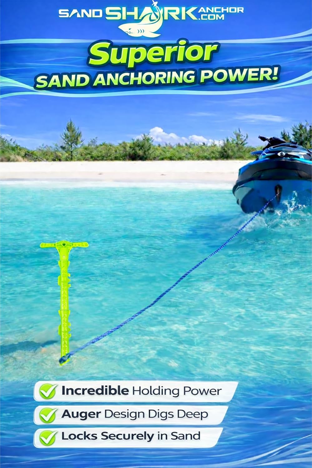 SandShark New Sport Boat Anchor and Jet Ski Anchor. Shallow Water Anchor Pole for Boat and PWC. Sand Anchor Kit for Boat and Kayak Anchor System. Easy Storage, High-Strength ABS