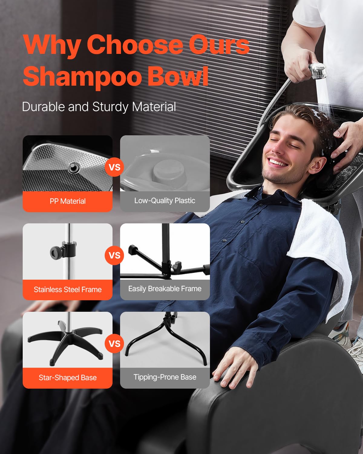 VEVOR Lavabo Móvil de Peluquería, con Altura y Ángulo Ajustables, Lavacabezas con Manguera de Drenaje y Base de Apoyo, Ideal para Barberías, Salones de Belleza, 510 x 520 x (900-1270) mm, Negro
