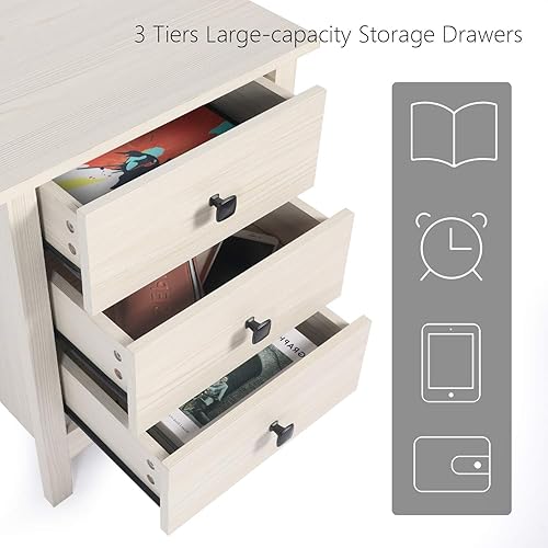 Miniatura 4 de GBU - Mesitas de noche para dormitorio; juego de 2 mesitas de noche de madera con cajón para el hogar Grano de madera blanca (3 cajones),Grano de