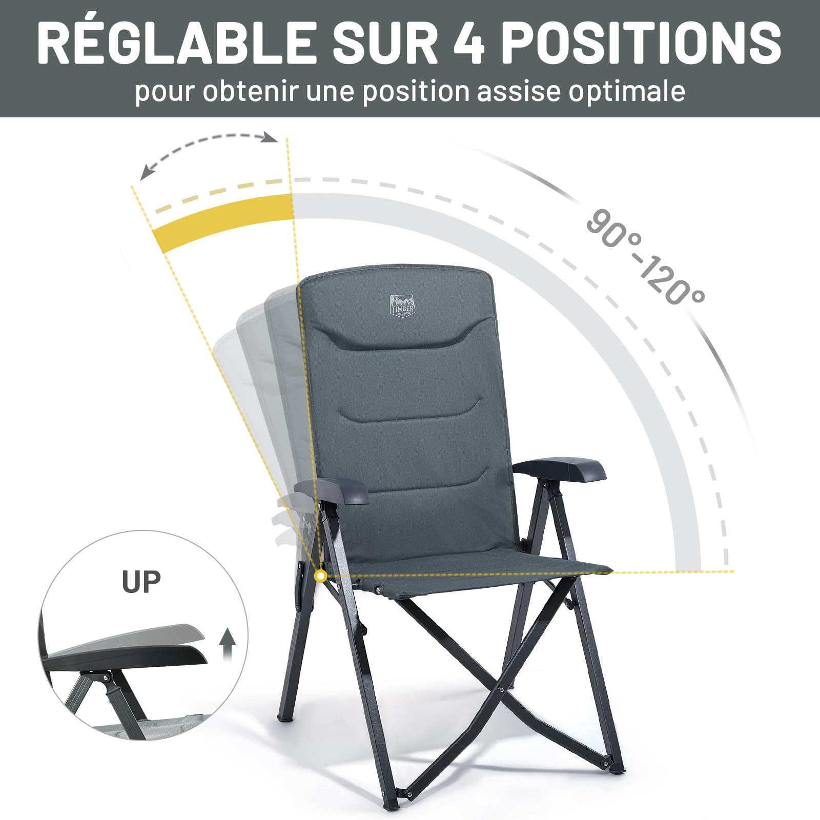 TIMBER RIDGE Fauteuil Jardin Exterieur 150kg Chaise Pliante Camping Portable Dossier Haut 4 Positions Réglables Fauteuil Realx Inclinable pour Terrasse Balcon Jardin Camping Pique-Nique
