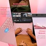 Auusda 15.6" FHD Ordinateur portable, R3 3250C jusqu'à 3,5GHz, gagner 11 Compatible, WiFi 6, Clavier rétroéclairé + Empreintes digitales, double type C plein-caractère, 6000mAh, Ordinateur portable pour le travail, 8GB RAM 256GB SSD rose
