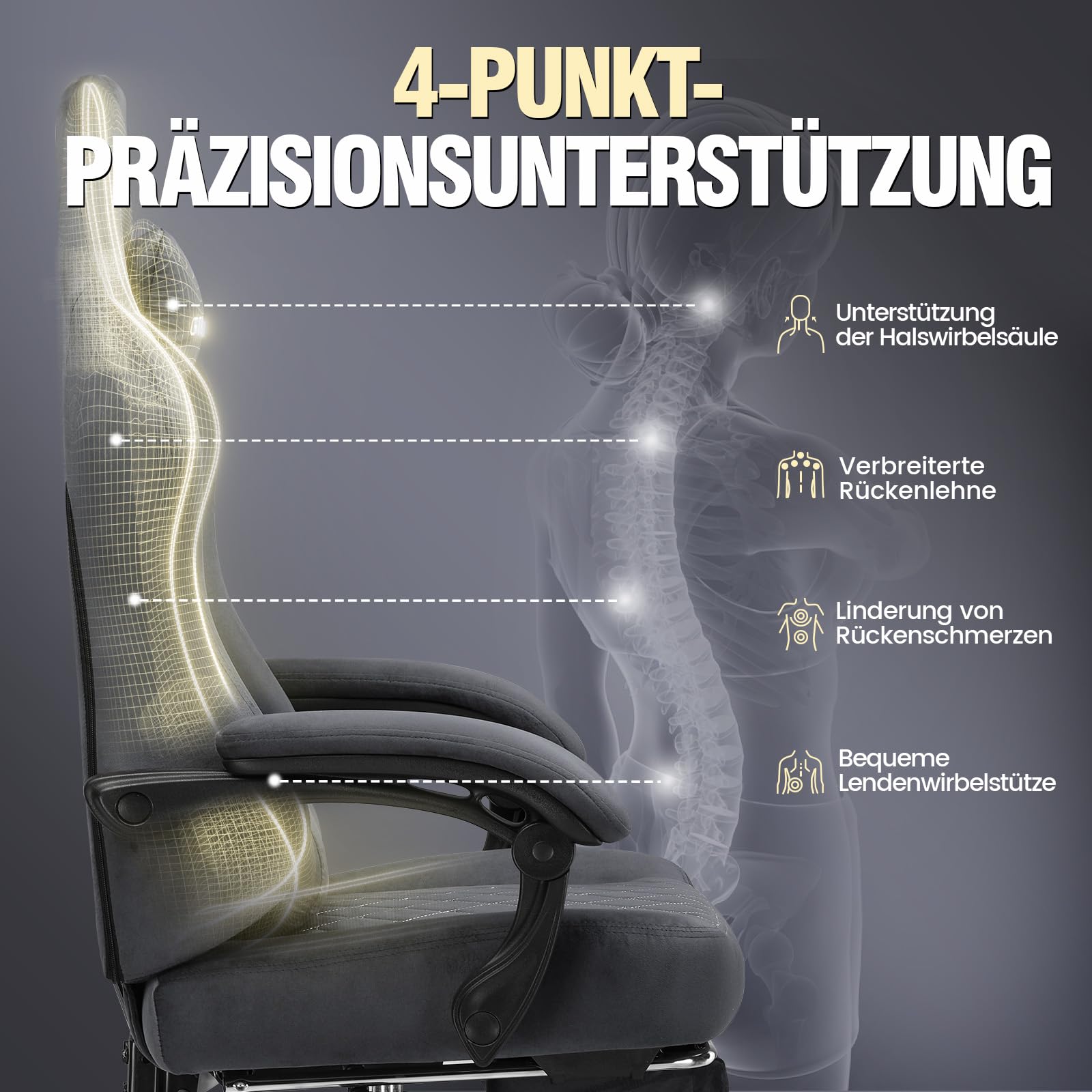 GTPLAYER Ergonomiczne krzesło gamingowe z tkaniny, obciążenie do 150 kg, regulowane i obrotowe, z poduszką do siedzenia sprężynową i podnóżkiem, kolor szary