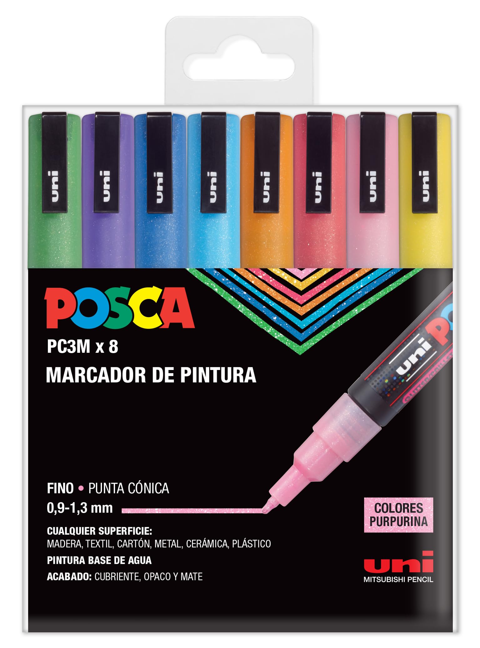 UNI Posca PC 3M Sparkling - Pack de 8 Marcadores de Pintura