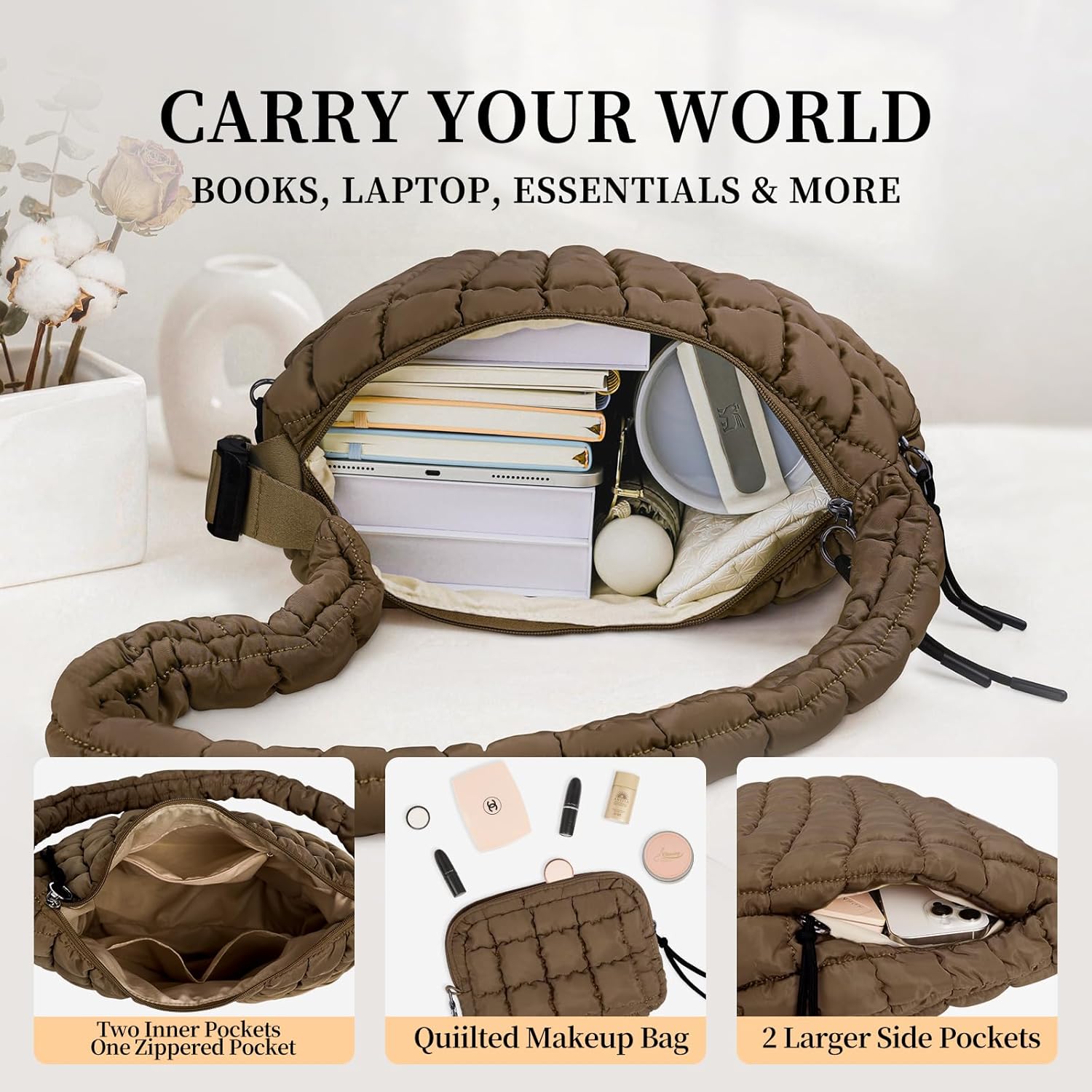 Puffer Tote Bag Quilted Carryall Bag Adjustable Shoulder Long Strap Puffy Hobo Crossbody Bag for Women with Detachable Pouch - Image 3