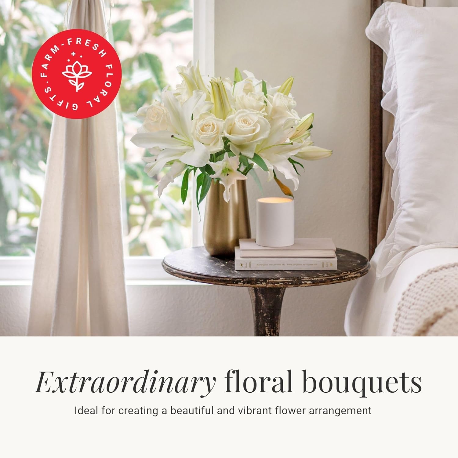 BloomsyBox – Elegant White Lilies & Roses (Glass Vase Included) – Fresh Flowers for Delivery – Special for Birthday, Sympathy, Get Well, Anniversary, Congratulations