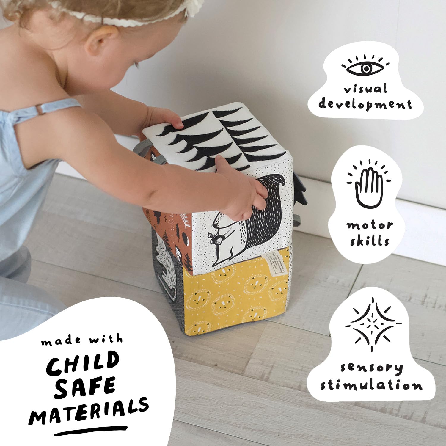 Wee Gallery Soft Block, Baby Sensory Toy with High-Contrast Graphics, Organic Soft Fabric Soft Blocks, Crinkle Flap and Textures, Tummy Time Activity for Babies and Toddlers - Woodland