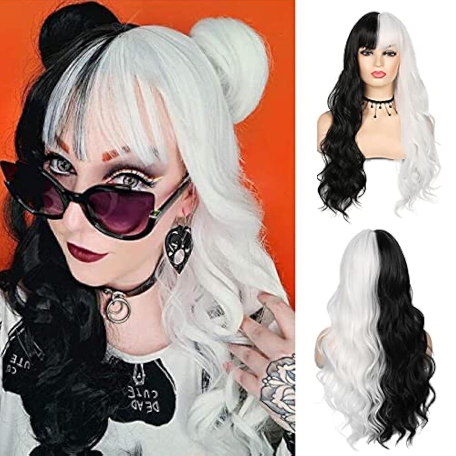 Baruisi Half Black Half White Wig Long Curly Wavy Synthetic Heat Resistant Bangs Wig for Women