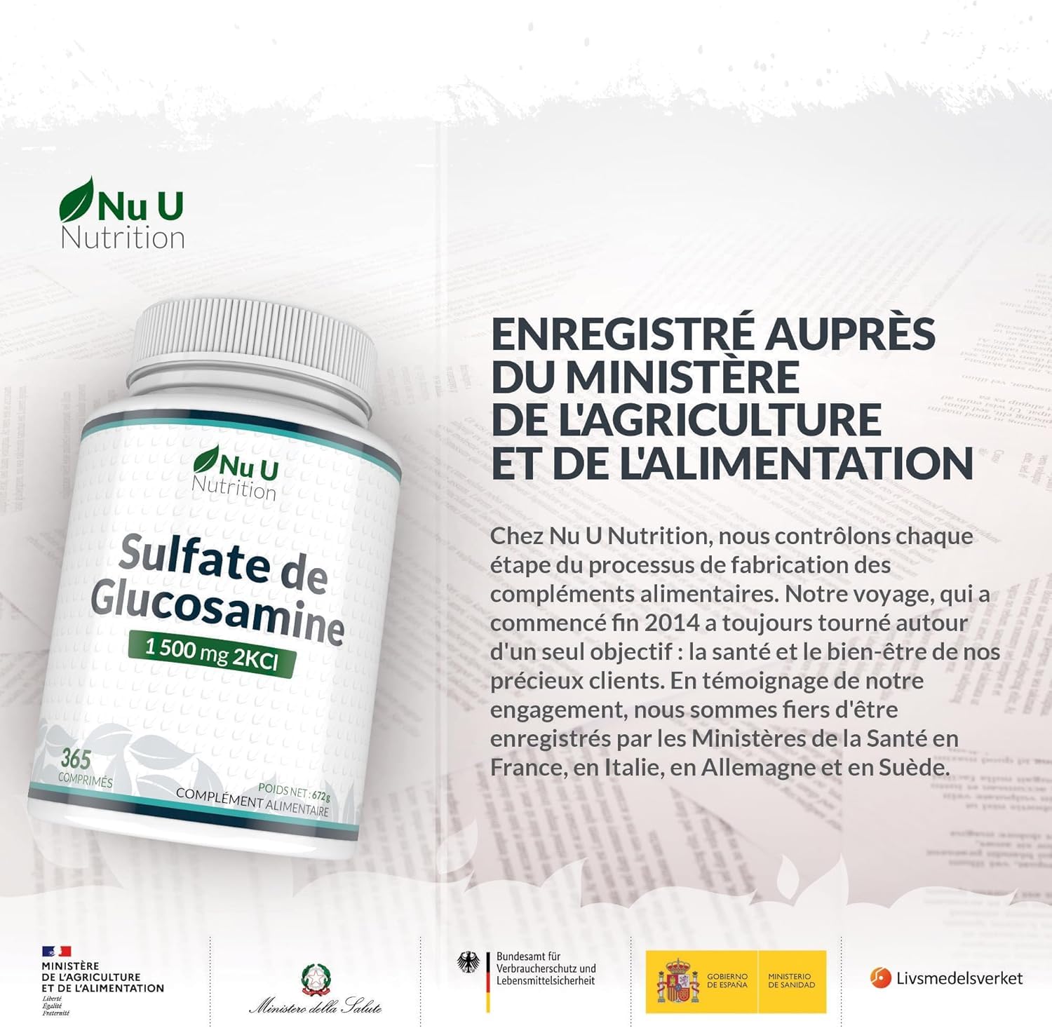 Glucosamine 1500 mg 2KCl - 365 Comprimés pour 1 An - Haute Puissance - Complément Alimentaire de Nu U Nutrition