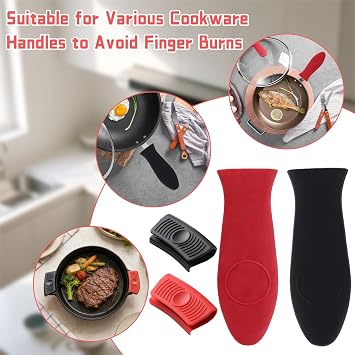 4 Pack Silicone Hot Handle Holder, Heat Resistant Pot Handle Cover, Non-Slip Assist Pan Handles Sleeve for Cast Iron Skillets, Home Kitchen Cooking Accessories 