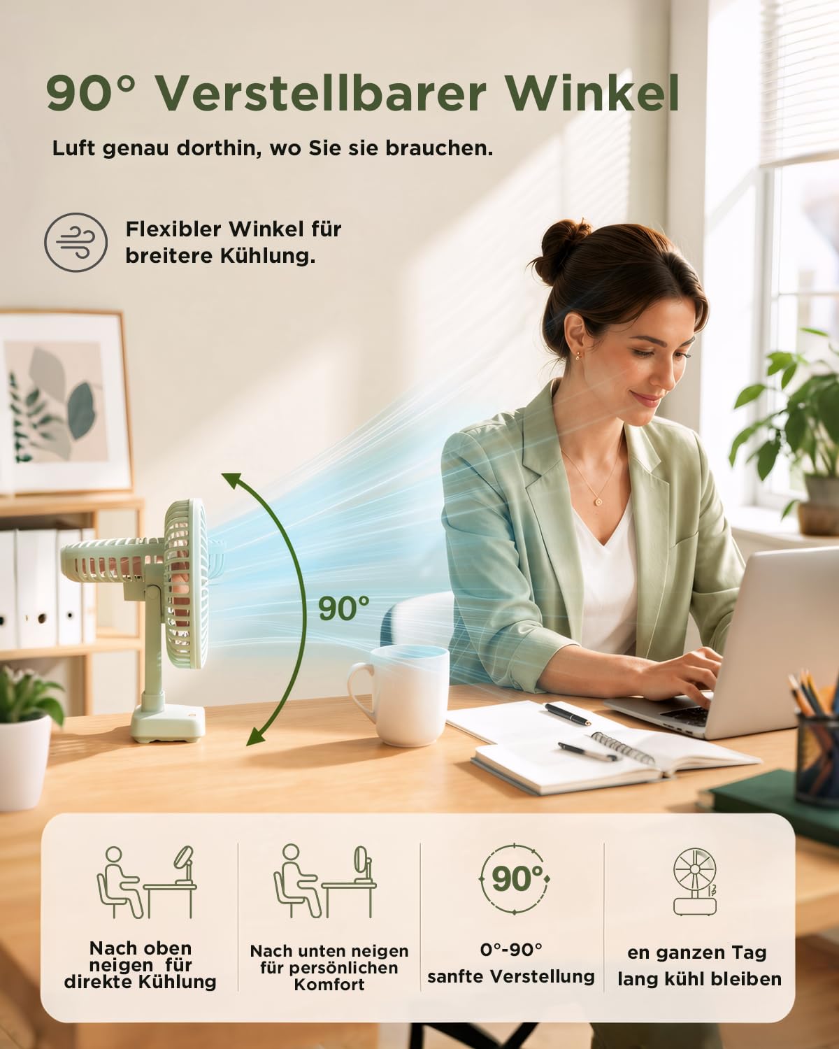 Funme Tischventilator 10000mAh Akku 29H, 90° Neigbar 3-Stufen Desktop Ventilator Leiser, Ventilator für Zuhause, Büro, Schlafzimmer, Reisen, Camping, Grün