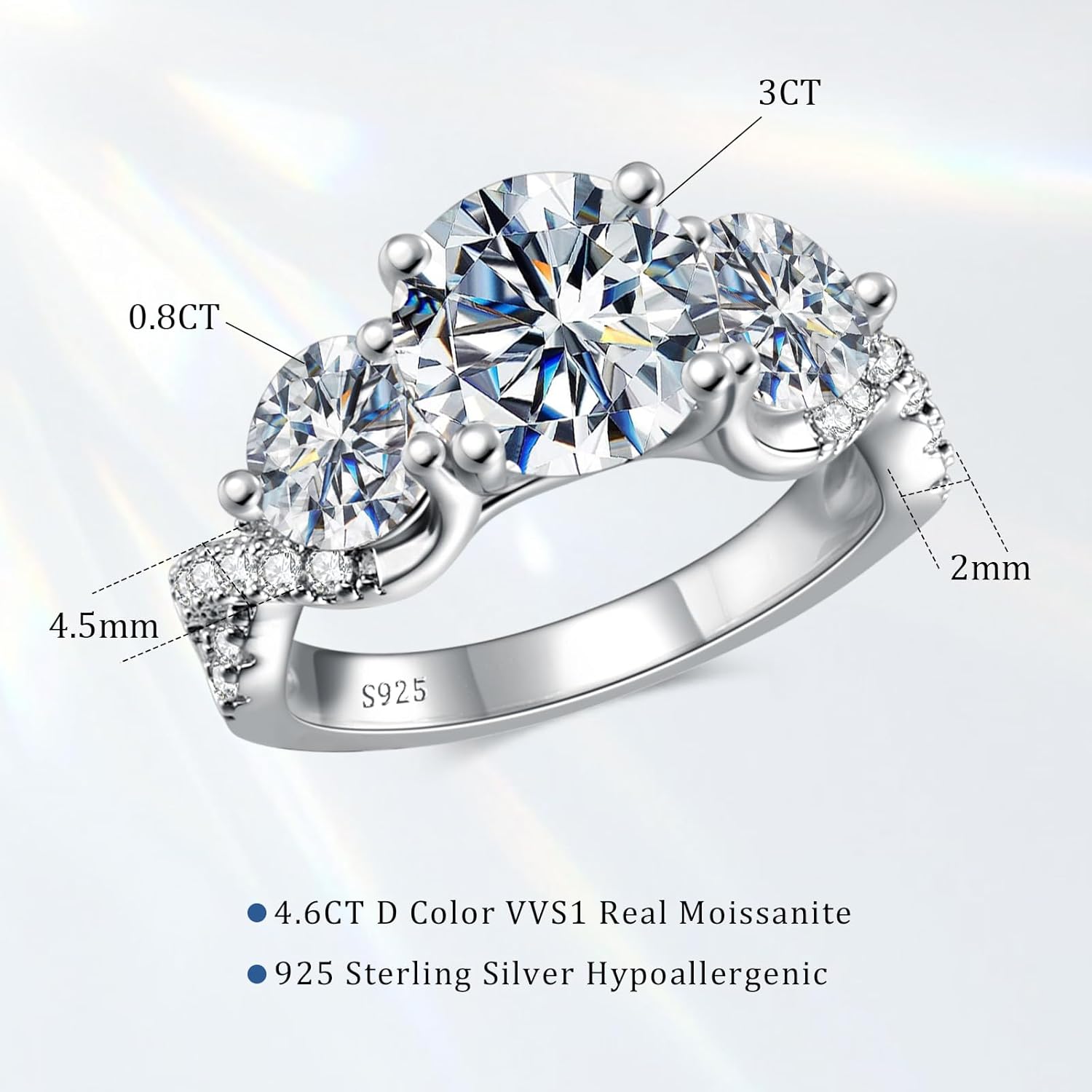 4.6CT 3 Stone Moissanite Engagement Ring, 925 Sterling Silver Wedding Band for Women, D Color VVS1 Round Cut Moissanite Ring Anniversary Promise Gift - Image 3