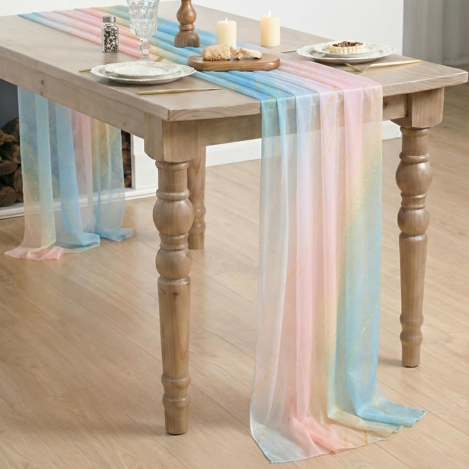 Artoid Mode Boho Gradient Pink Blue Stripes Spring Chiffon Table Runner 120 Inches 10FT,Seasonal Fabric Kitchen Dining Holiday Table Decor for Home Party