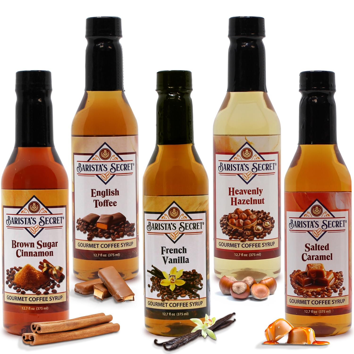 Barista's Secret® Coffee Syrups Variety Pack – Gourmet Flavored Syrup Set for Coffee, Drinks & Desserts – French Vanilla, Caramel, Hazelnut, Toffee, Brown Sugar Cinnamon – 5 Pack, 12.7 oz Each