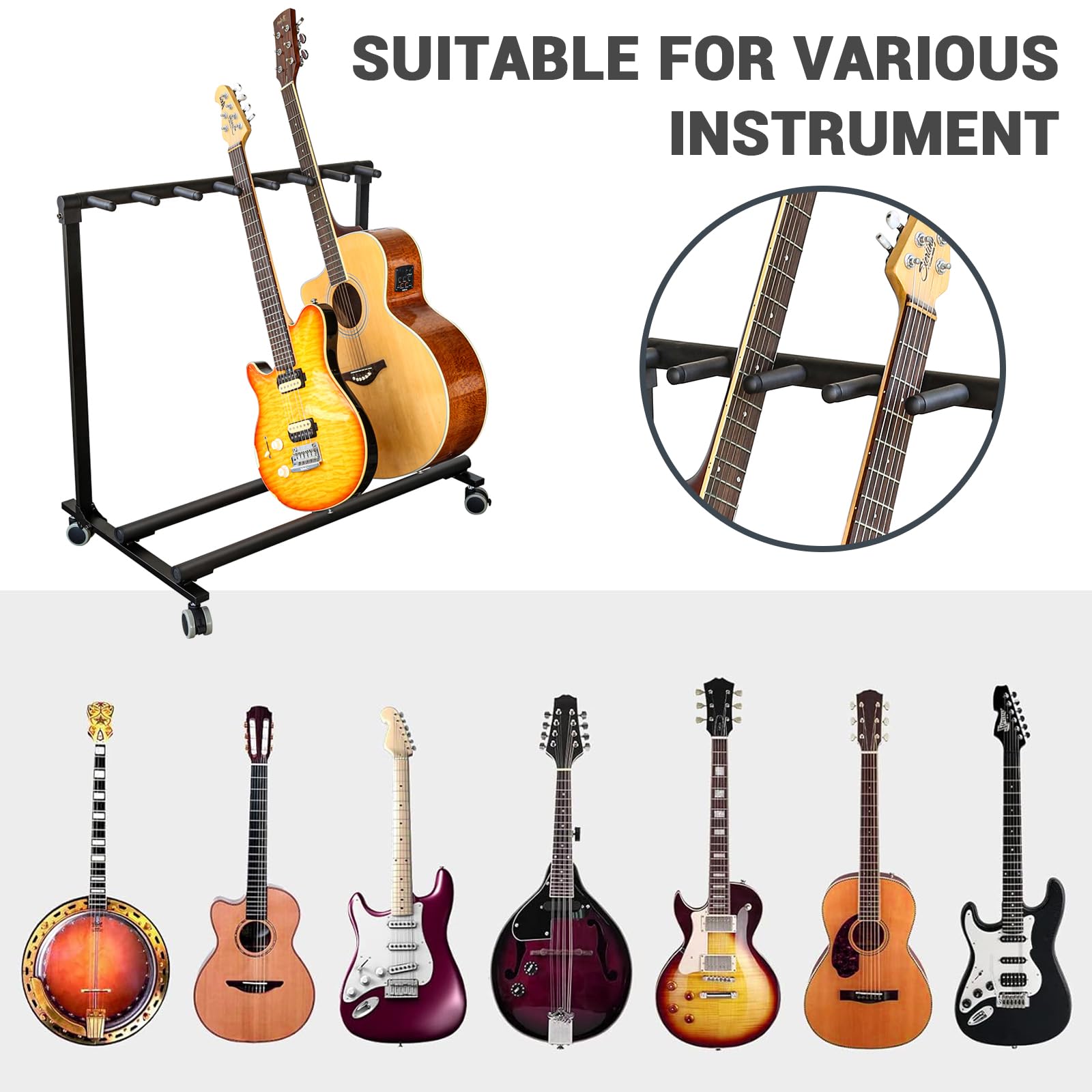 Supporto per chitarra multi con ruote, 7 supporti, pieghevole, con imbottitura in gomma antiscivolo, per casa, palco, basso, acustico, elettrico, studio