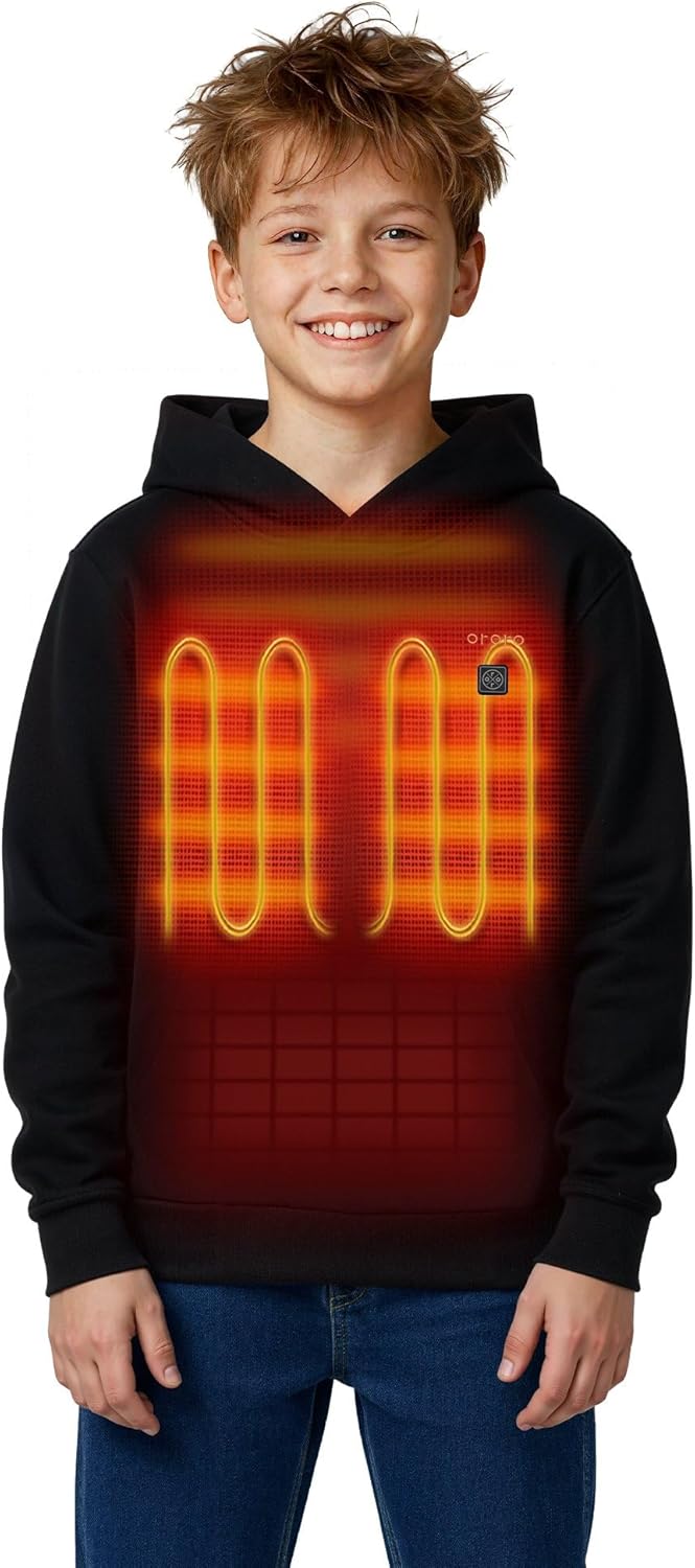 ORORO Kids' 4-Zone Pullover Heated Hoodie with Battery, Boys Heated Fleece Hoodie Girls Hooded Sweatshirt