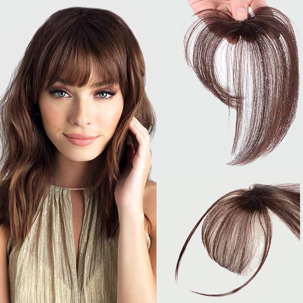 Tbrand One Piece Clip in Hair Fringe 3D Hair Bangs Topper Human Real Hair Flat Bangs with Clips on Crown Wiglet Hairpieces for Women Dark Brown